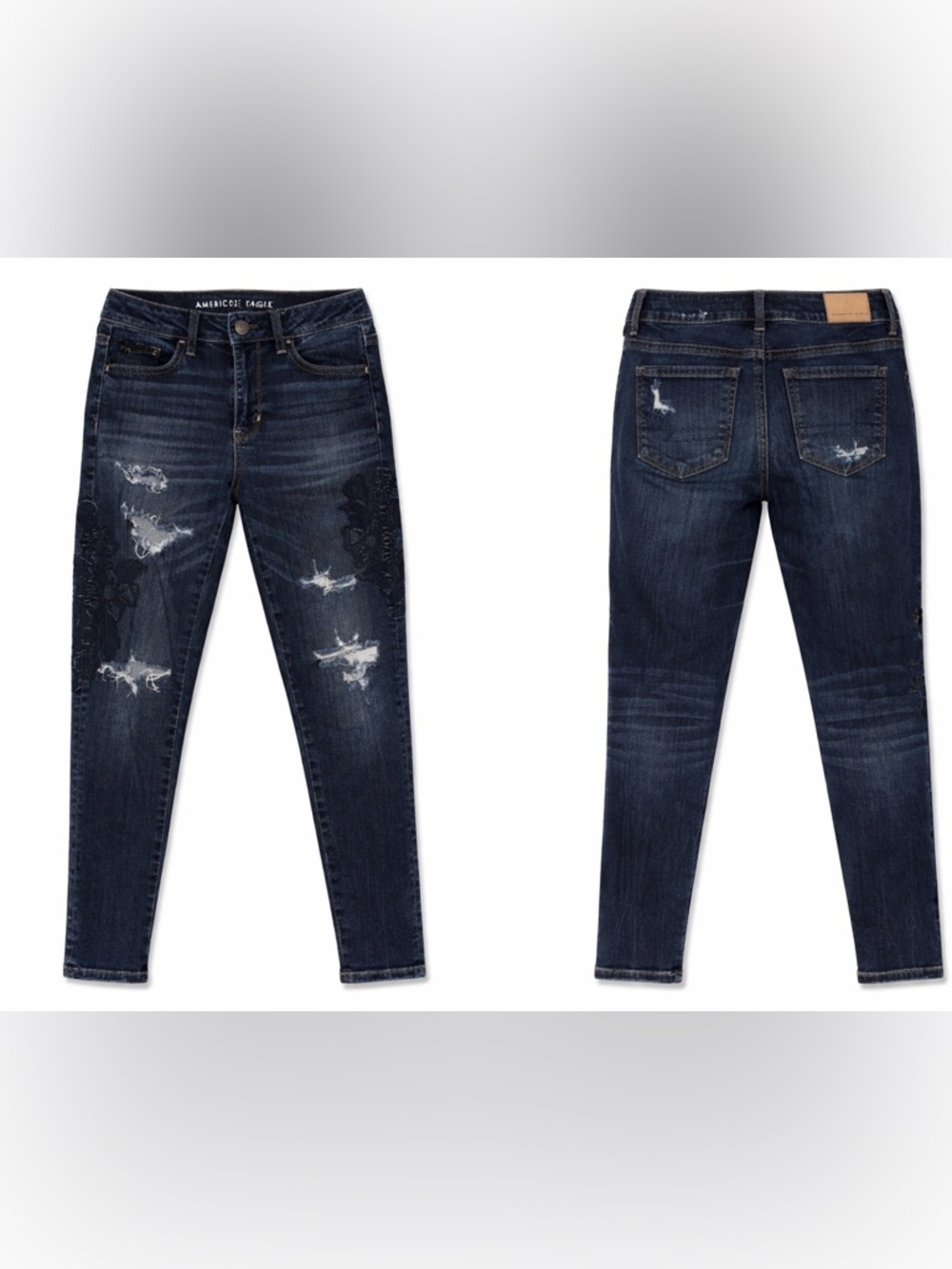 American Eagle Super Stretch Jeans Sz 4 Dark Wash Distressed Skinny Embroidered - Picture 3 of 5